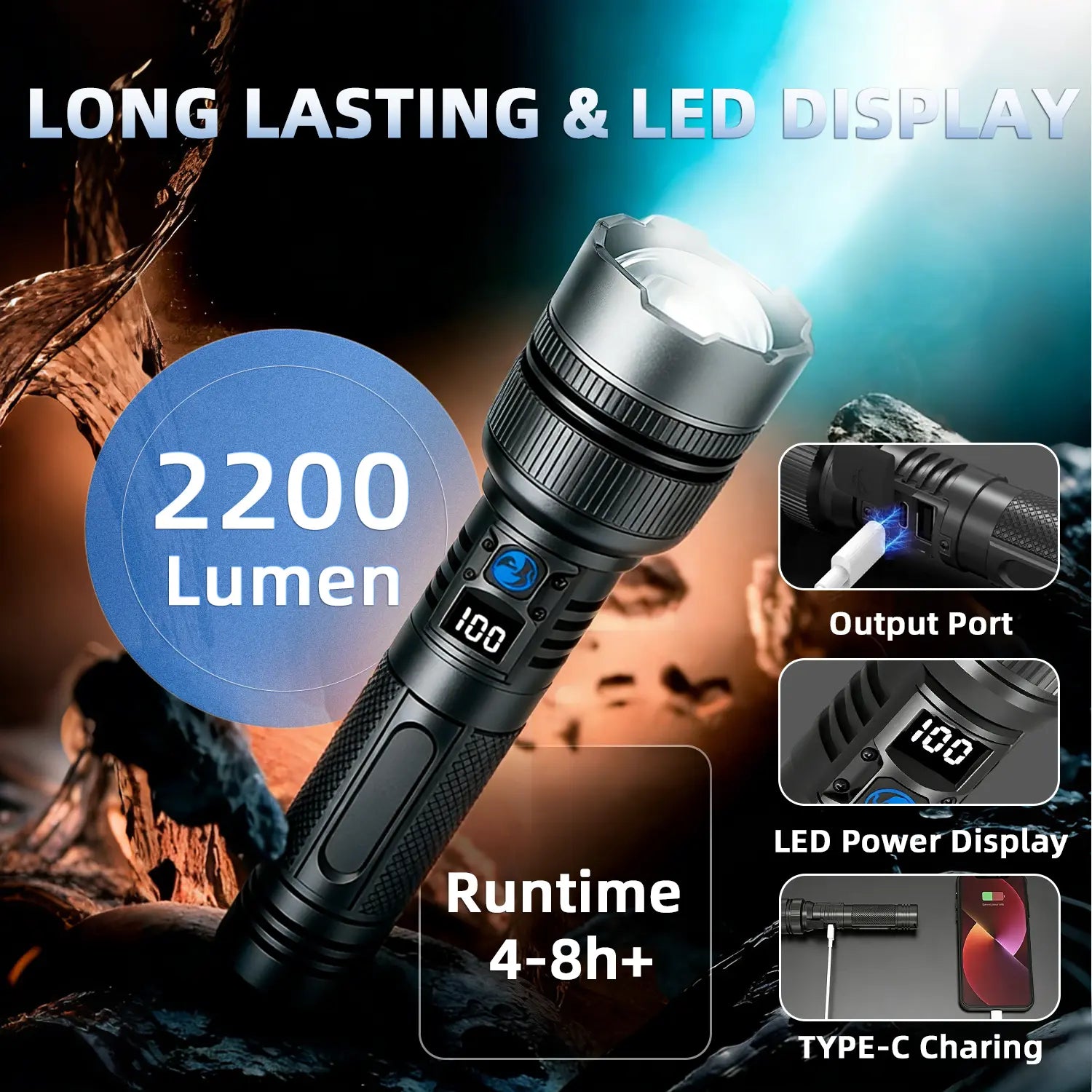 2-In-1 Strong Flashlight (Power Bank), Digital Display Ofpower, Rechargeable, Zoomable,, X4Waterproof,Adjustable Brightness Flash Light for Outdoor, Emergency,Camping Accessories, Black Tiktokshopspringglowup Lighting