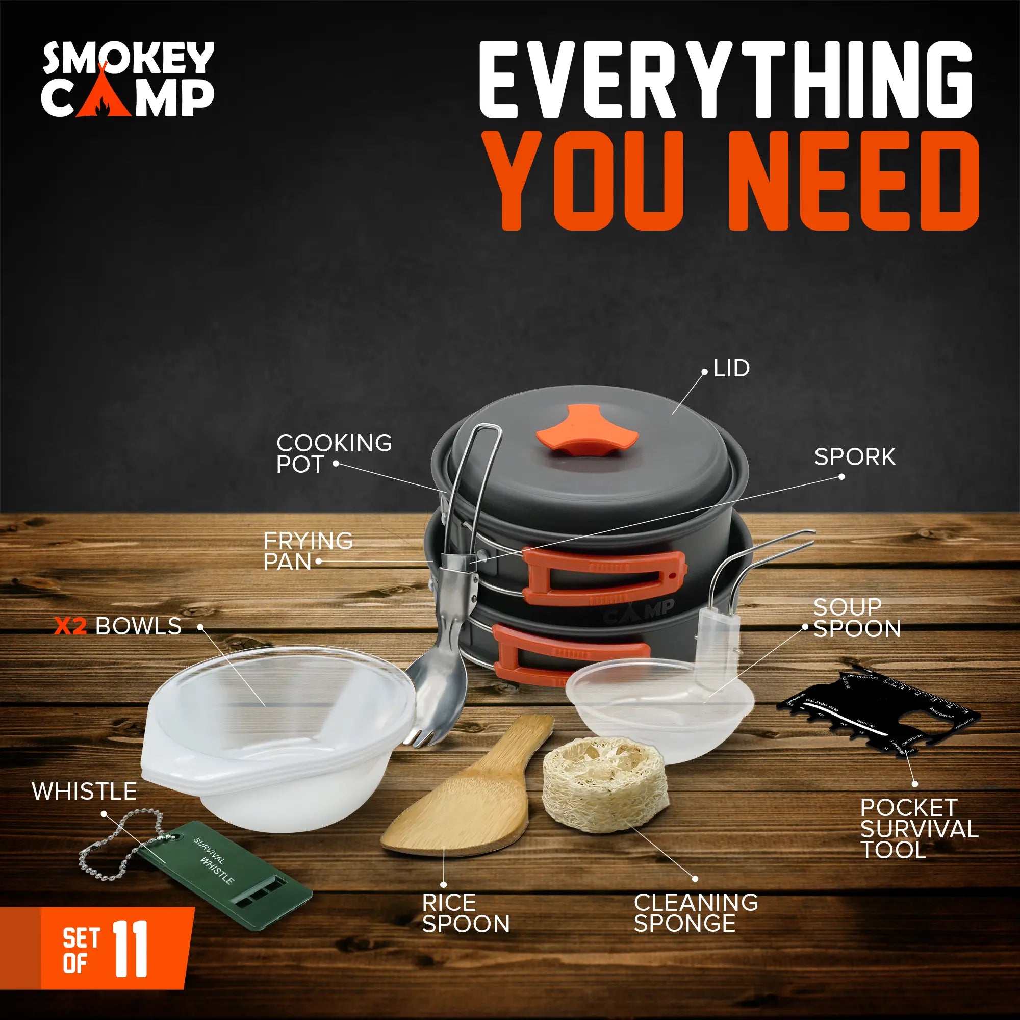 11 Pcs Camping Cookware Mess Kit, Backpacking Compact Camping Cookware Non Stick Cookware, All in One Non-Stick Camping Cooking Set, Hiking, Picnic, Outdoor & Camping Cookware Set