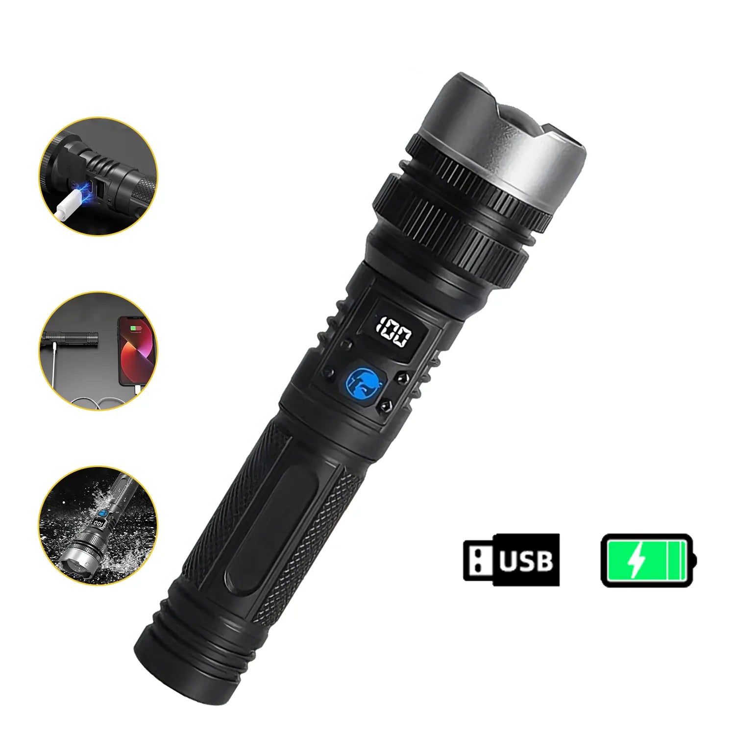2-In-1 Strong Flashlight (Power Bank), Digital Display Ofpower, Rechargeable, Zoomable,, X4Waterproof,Adjustable Brightness Flash Light for Outdoor, Emergency,Camping Accessories, Black Tiktokshopspringglowup Lighting