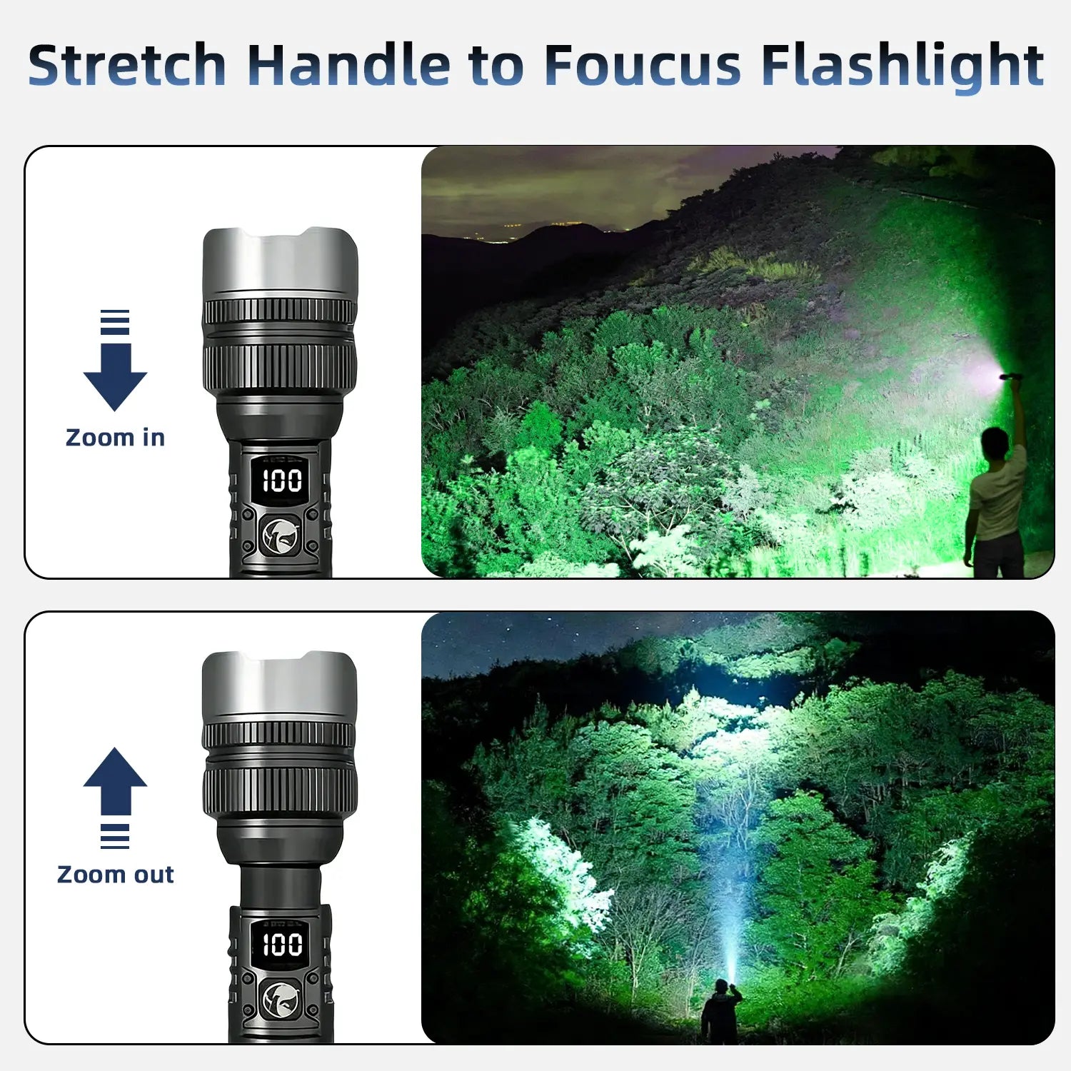 2-In-1 Strong Flashlight (Power Bank), Digital Display Ofpower, Rechargeable, Zoomable,, X4Waterproof,Adjustable Brightness Flash Light for Outdoor, Emergency,Camping Accessories, Black Tiktokshopspringglowup Lighting