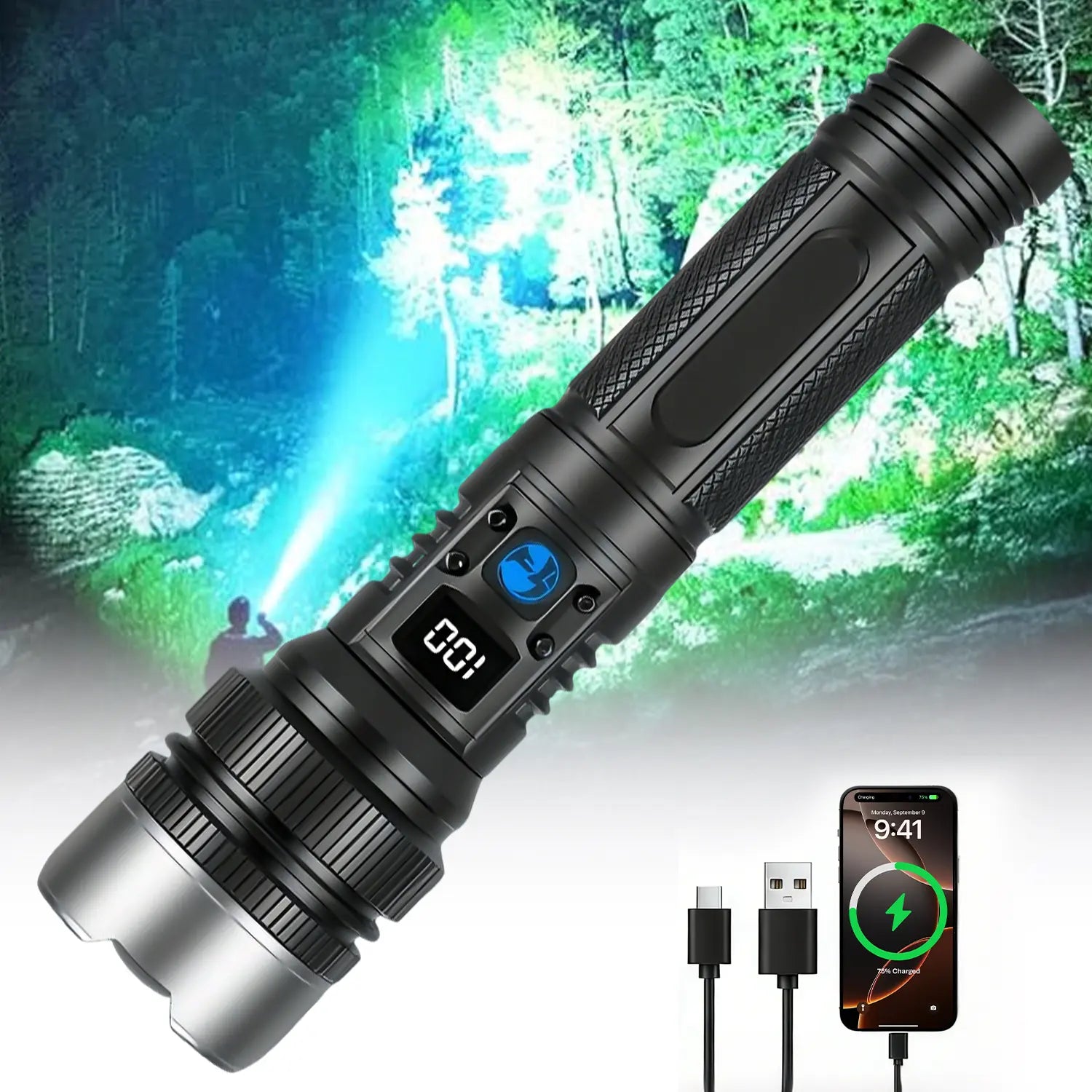 2-In-1 Strong Flashlight (Power Bank), Digital Display Ofpower, Rechargeable, Zoomable,, X4Waterproof,Adjustable Brightness Flash Light for Outdoor, Emergency,Camping Accessories, Black Tiktokshopspringglowup Lighting